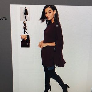 Faux Leather Trim Poncho. Color: true burgundy.